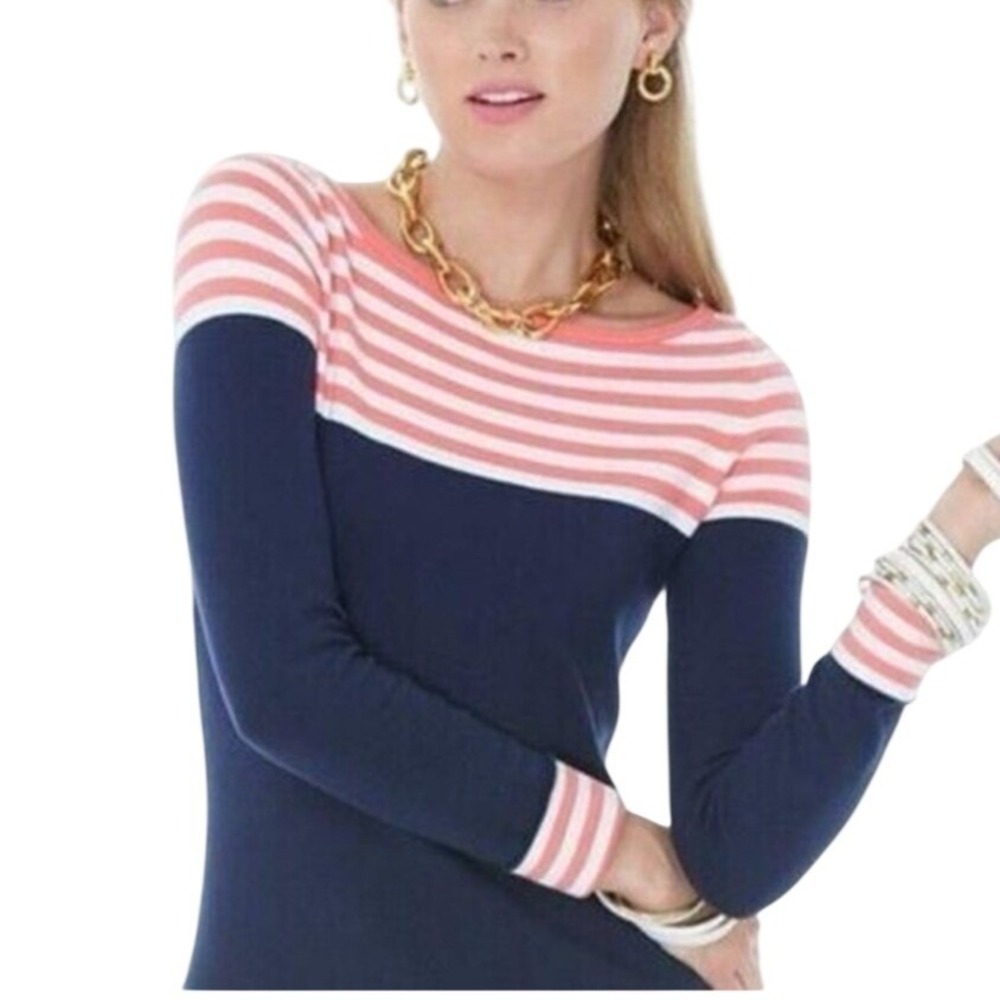 Lilly Pulitzer Navy Coral Striped Nautical Colorblock Boat‎ Neck Sweater XS